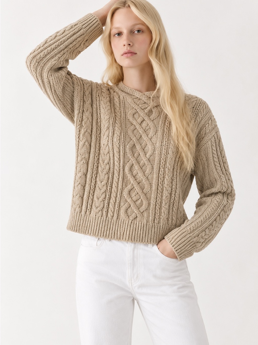 J.Crew Beige Cable Knit Crisscross Mock Neck Cotton Blend Sweater M